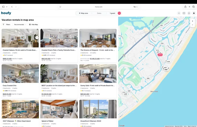 The houfy.com search page: vacation rentals with photos, ratings, total prices and a price map