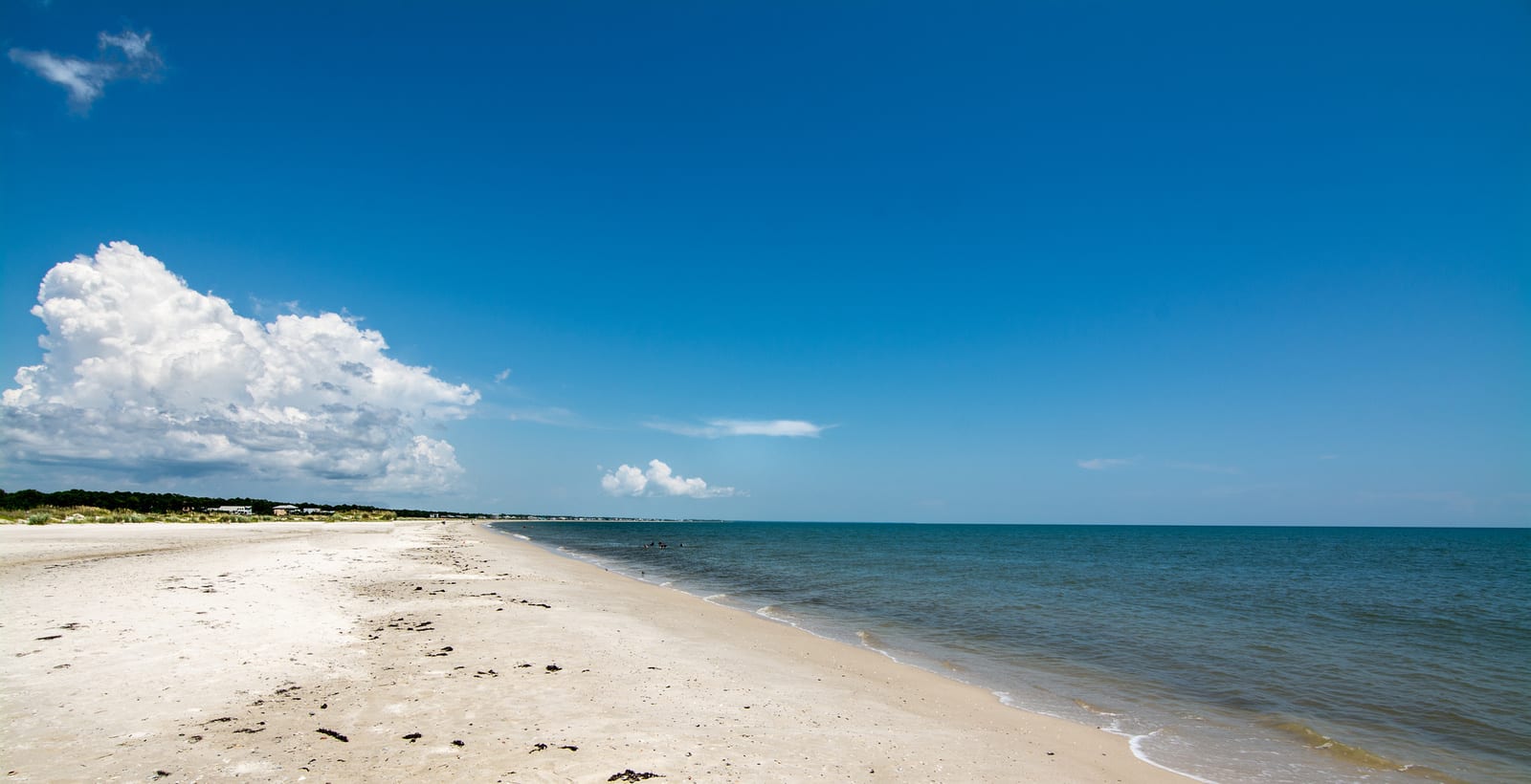 White sandy beach stretches along the coastline of Tybee Island, Georgia, with calm ocean waves and a vast blue sky dotted with fluffy clouds, offering a serene and picturesque seaside escape. | Houfy — No Fees, Book Direct