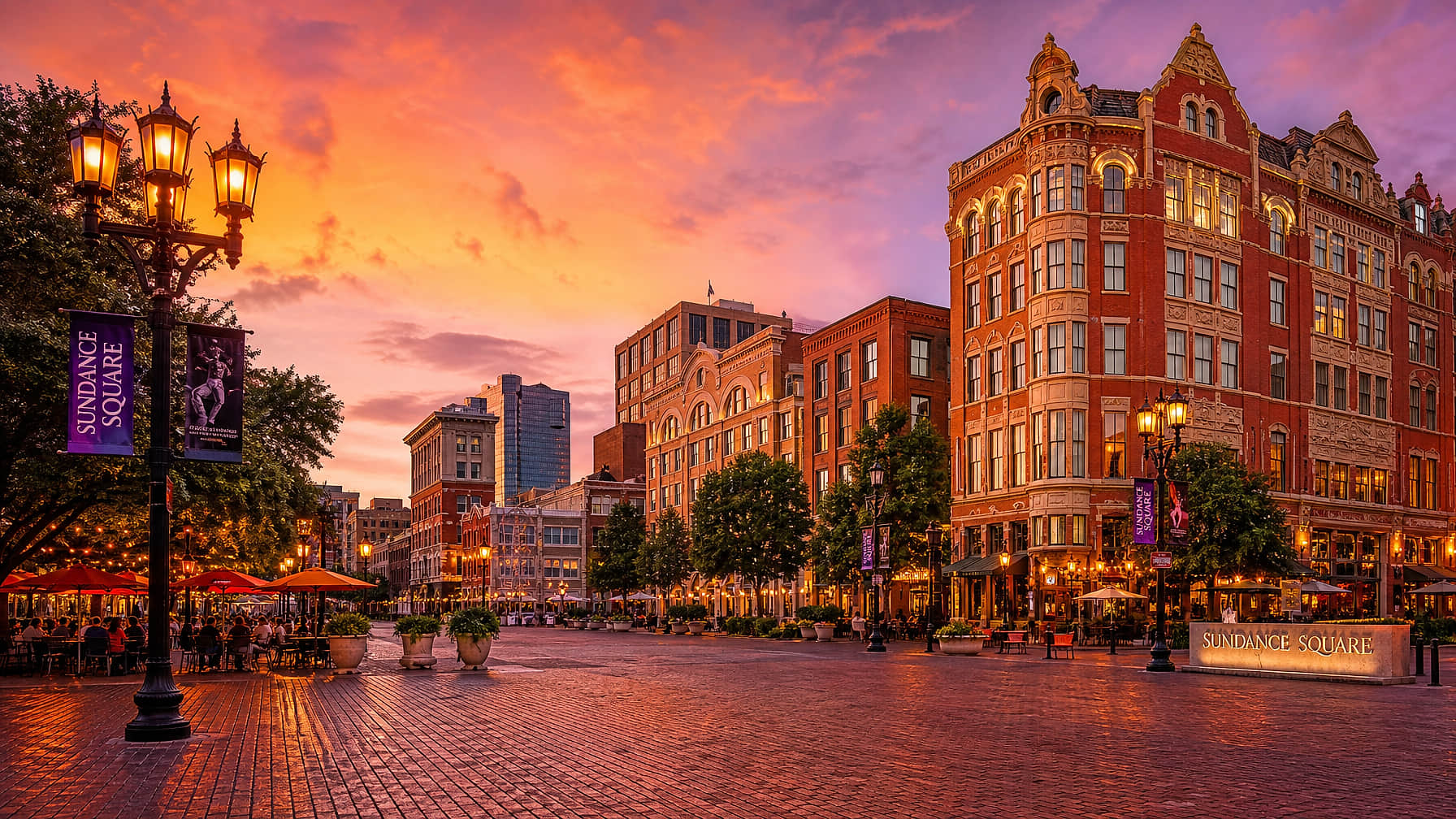Golden hour panorama of Sundance Square Plaza in downtown Fort Worth, Texas, with warm terracotta and cream Beaux-Arts brick buildings, glowing amber cast-iron street lamps, a wide cobblestone pedestrian plaza with outdoor cafe seating and lush potted trees, and a dramatic deep orange and violet Texas sunset sky — book a fee-free Fort Worth vacation rental on Houfy | Houfy — No Fees, Book Direct