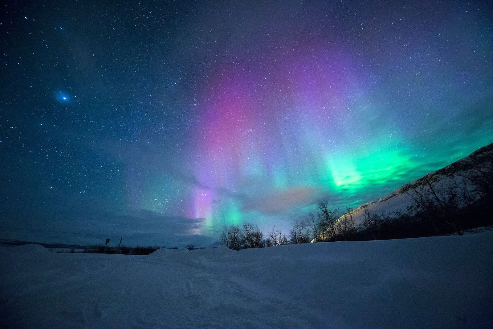 Spectacular Aurora Borealis display over a remote Northern Norway arctic wilderness at night, with vivid neon emerald green and magenta-pink curtains of Northern Lights stretching high into a deep indigo star-filled sky above a vast untouched snow field and a steep snow-covered mountain — book a fee-free Norway vacation rental on Houfy | Houfy — No Fees, Book Direct