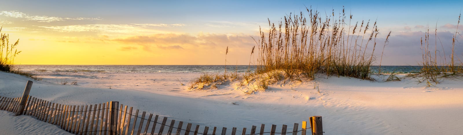 Golden hues illuminate the sandy dunes and sea oats of Pensacola Beach at sunrise, with the tranquil Gulf waters in the background, encapsulating a serene coastal landscape. | Houfy — No Fees, Book Direct
