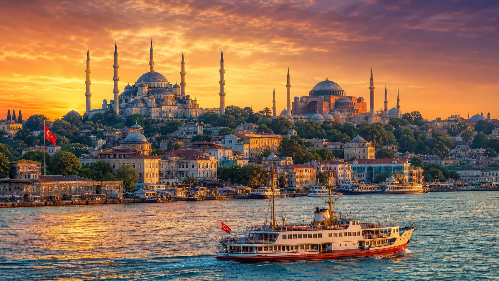 Golden hour panoramic view of Istanbul, Turkey, with the iconic six-minaret silhouette of the Blue Mosque (Sultan Ahmed Mosque) and the grand dome of Hagia Sophia rising against a warm amber and deep violet sunset sky, traditional red-roofed Ottoman buildings cascading down the historic peninsula to the shimmering teal Bosphorus, and a red and white Turkish ferry crossing the waterway in the foreground — book a fee-free Turkey vacation rental on Houfy | Houfy — Book Direct
