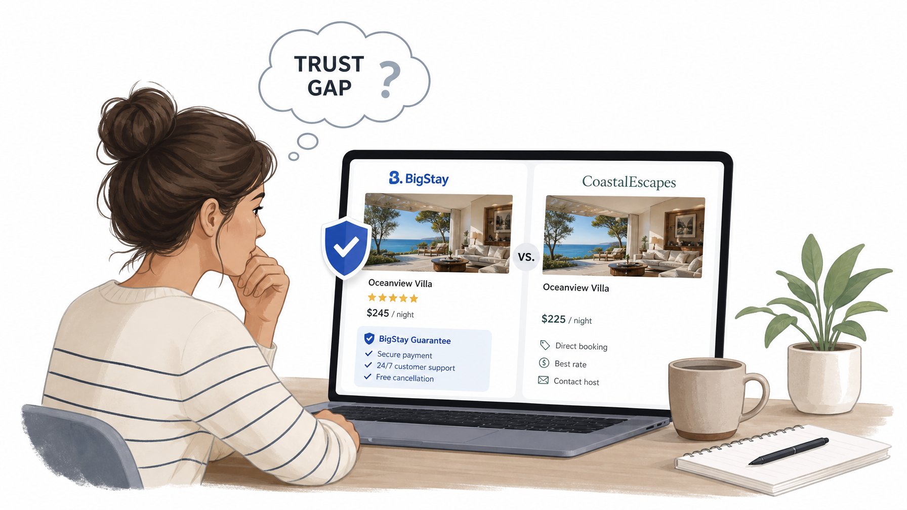 Traveler at laptop comparing OTA trust guarantee shield vs. direct booking listing with no badge