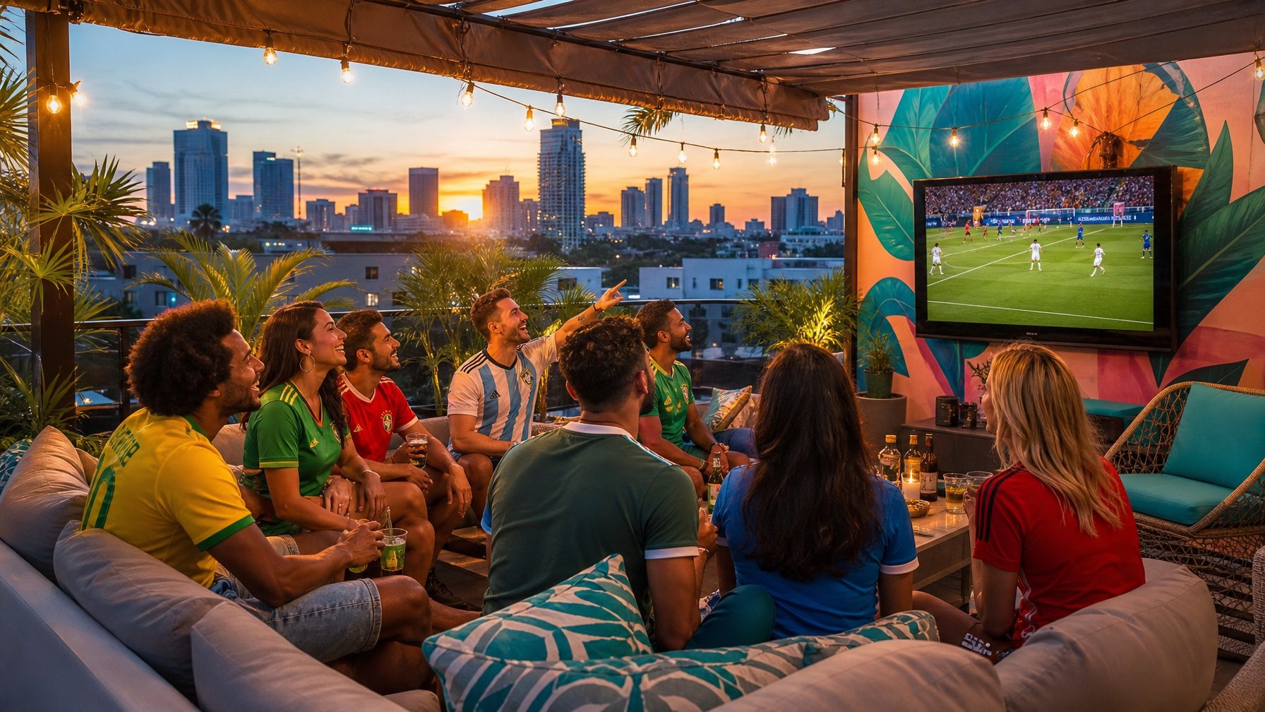 Group of World Cup fans in soccer jerseys watching a match on a Miami vacation rental rooftop terrace with city skyline at sunset
