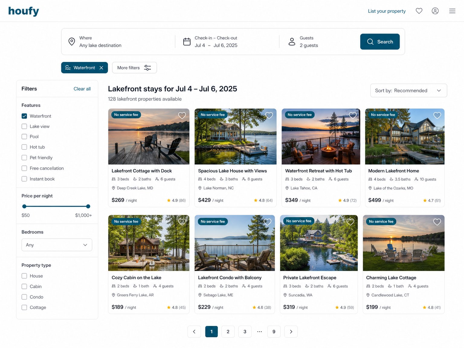 Vacation rental search results showing lakefront listing cards with a waterfront filter and no-service-fee badges