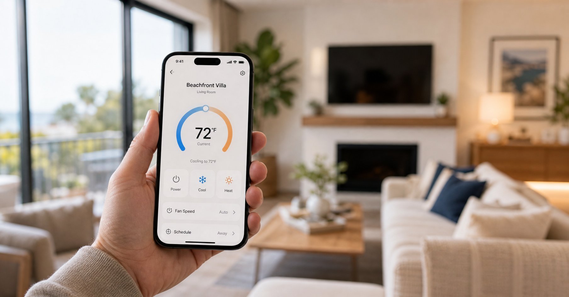 Host remotely managing vacation rental thermostat temperature via smartphone app — smart thermostat energy management for short-term rental properties
