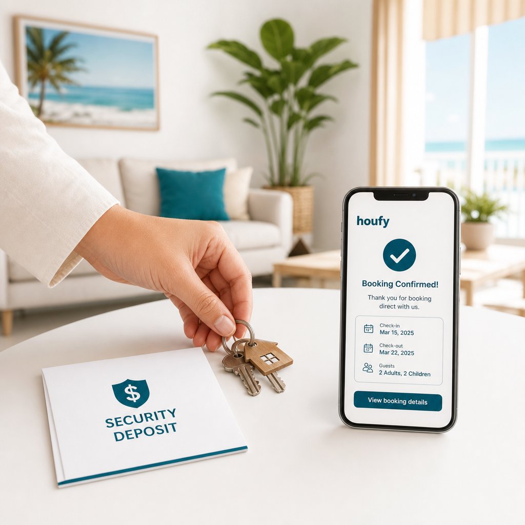 A host's hand placing property keys next to a security deposit envelope and a smartphone showing a direct booking confirmation — security deposits protect Houfy hosts from minor guest damage