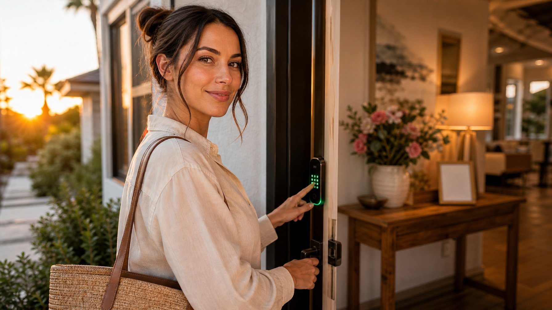 Guest arriving at a vacation rental front door at golden hour, keypad lock glowing green on first attempt, warm interior visible through doorway — illustrating the smooth check-in experience that drives 5-star reviews