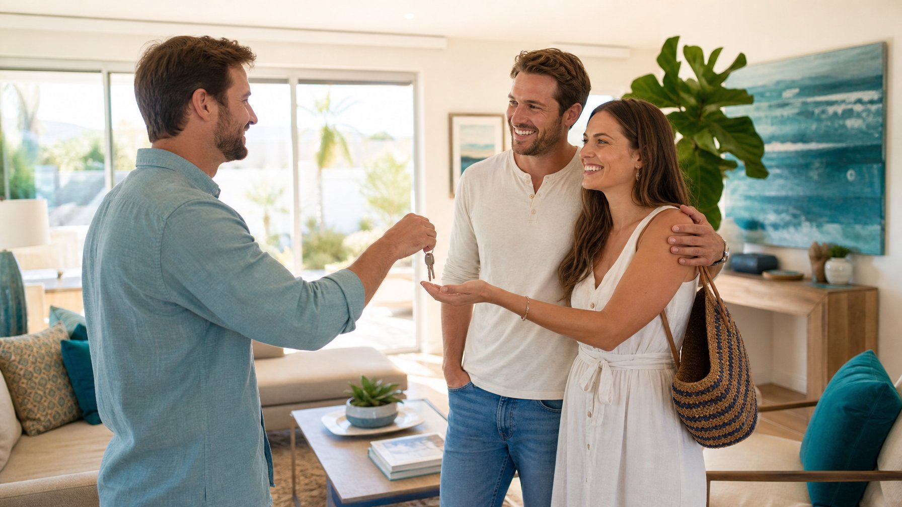 Host handing keys to a smiling guest couple in a bright vacation rental living room, representing the direct host-guest relationship and fee-free direct booking on Houfy