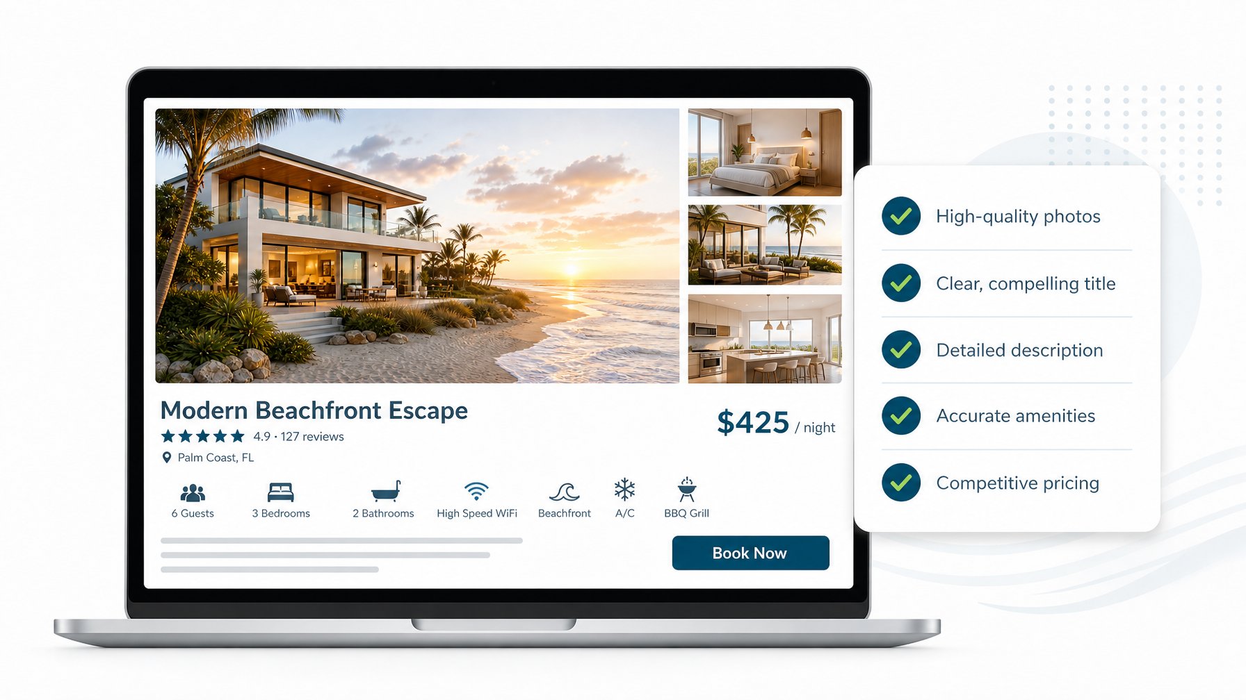 Vacation rental listing page on a laptop screen with a property photo, star rating, and amenity icons, with an SEO optimization checklist floating beside it