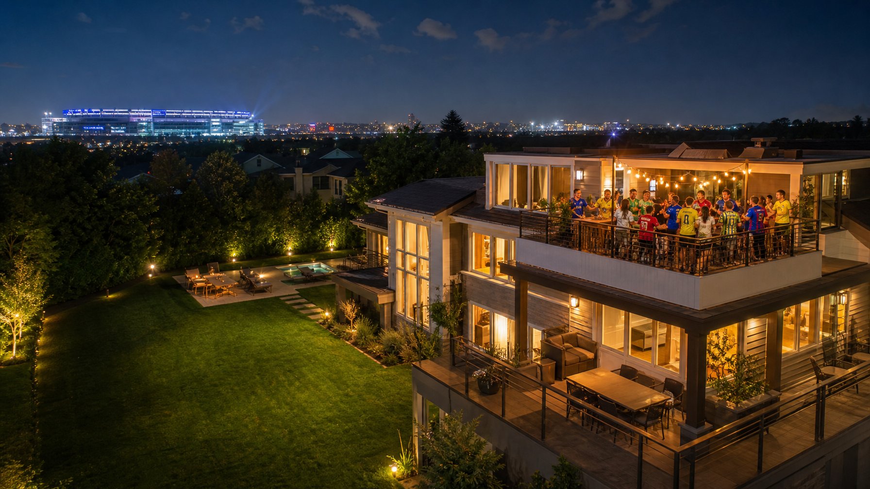 Group of Copa América fans celebrating on the rooftop terrace of a New York–New Jersey vacation rental with MetLife Stadium glowing in the background