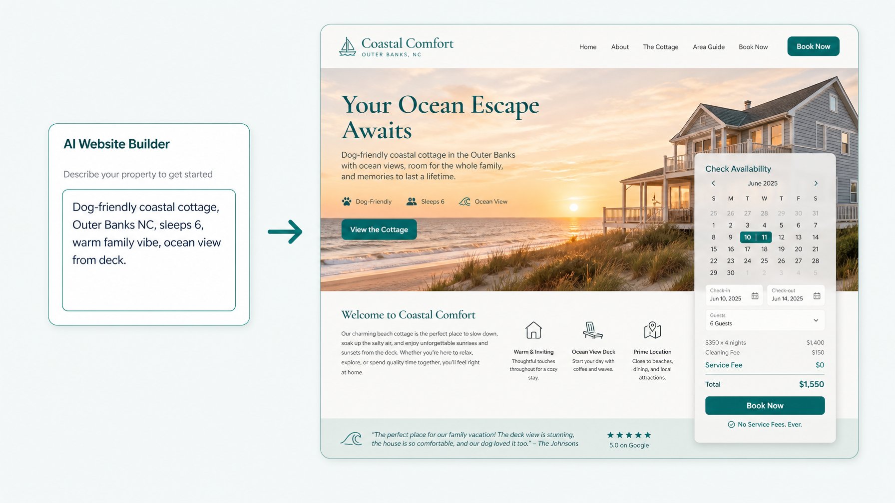 Houfy AI website builder showing a host's plain-English property description being used to generate a custom vacation rental website with unique design