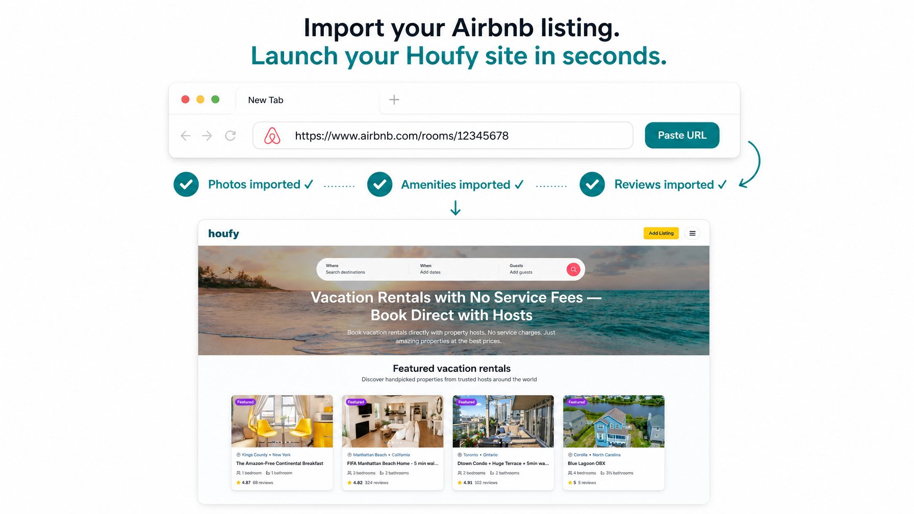 Houfy listing import screen accepting an Airbnb listing URL to automatically build a vacation rental direct booking website