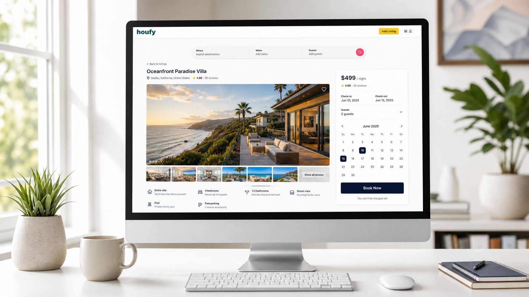 Desktop monitor displaying a vacation rental direct booking website with availability calendar widget and Book Now button built with Houfy