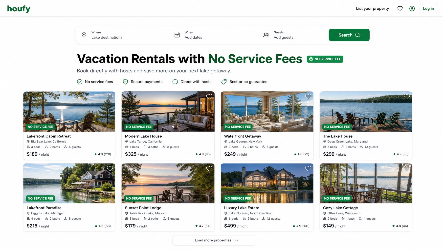 Houfy's No Service Fee vacation rental search interface displaying lakefront lake house listings across the US — book direct and skip OTA fees