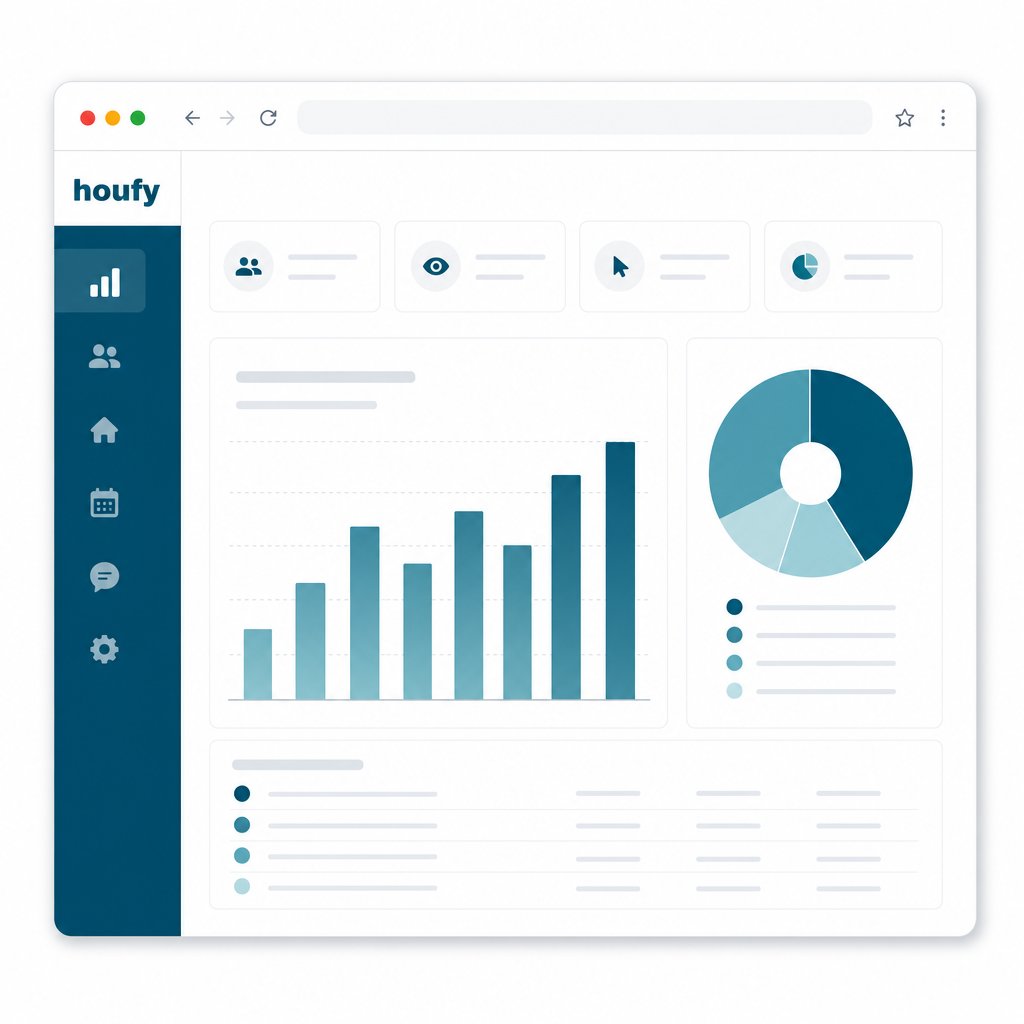 Houfy host analytics dashboard showing traffic growth, booking metrics, and listing performance data