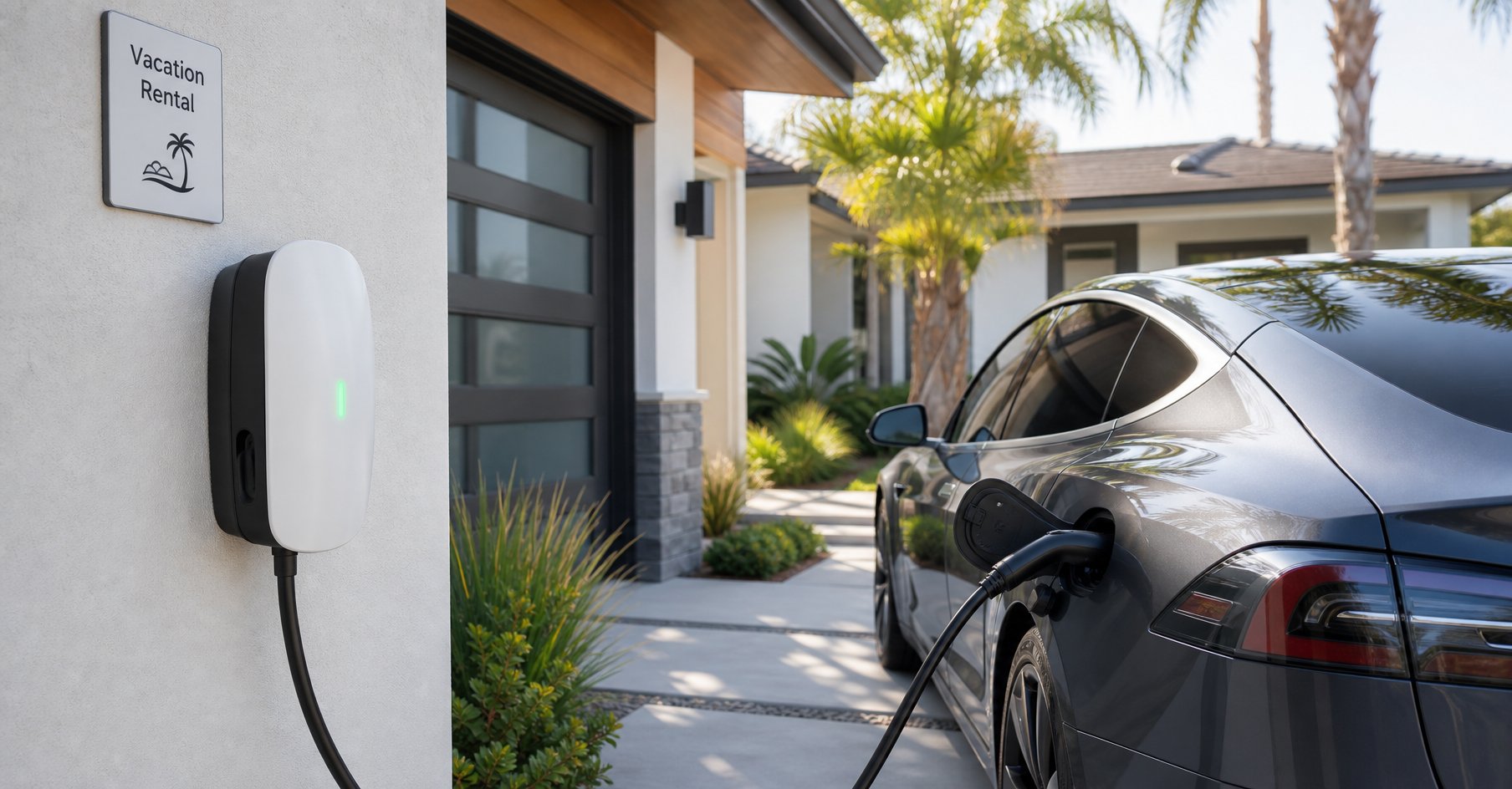 Level 2 EV charging station mounted on vacation rental garage exterior with electric vehicle plugged in — EV charging amenity for vacation rental guests in 2026