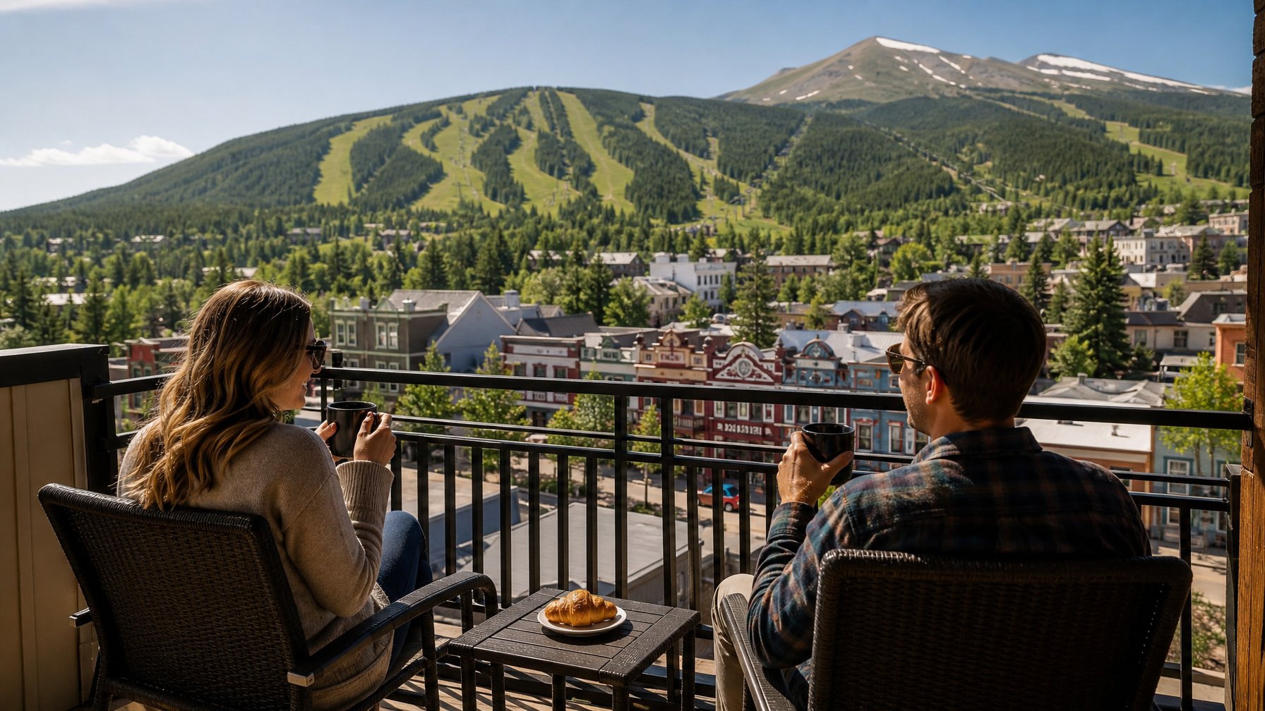 Breckenridge Colorado vacation rental deck at altitude, two guests having morning coffee with summer town and ski mountain spread below, clear blue sky — Breckenridge summer vacation rental