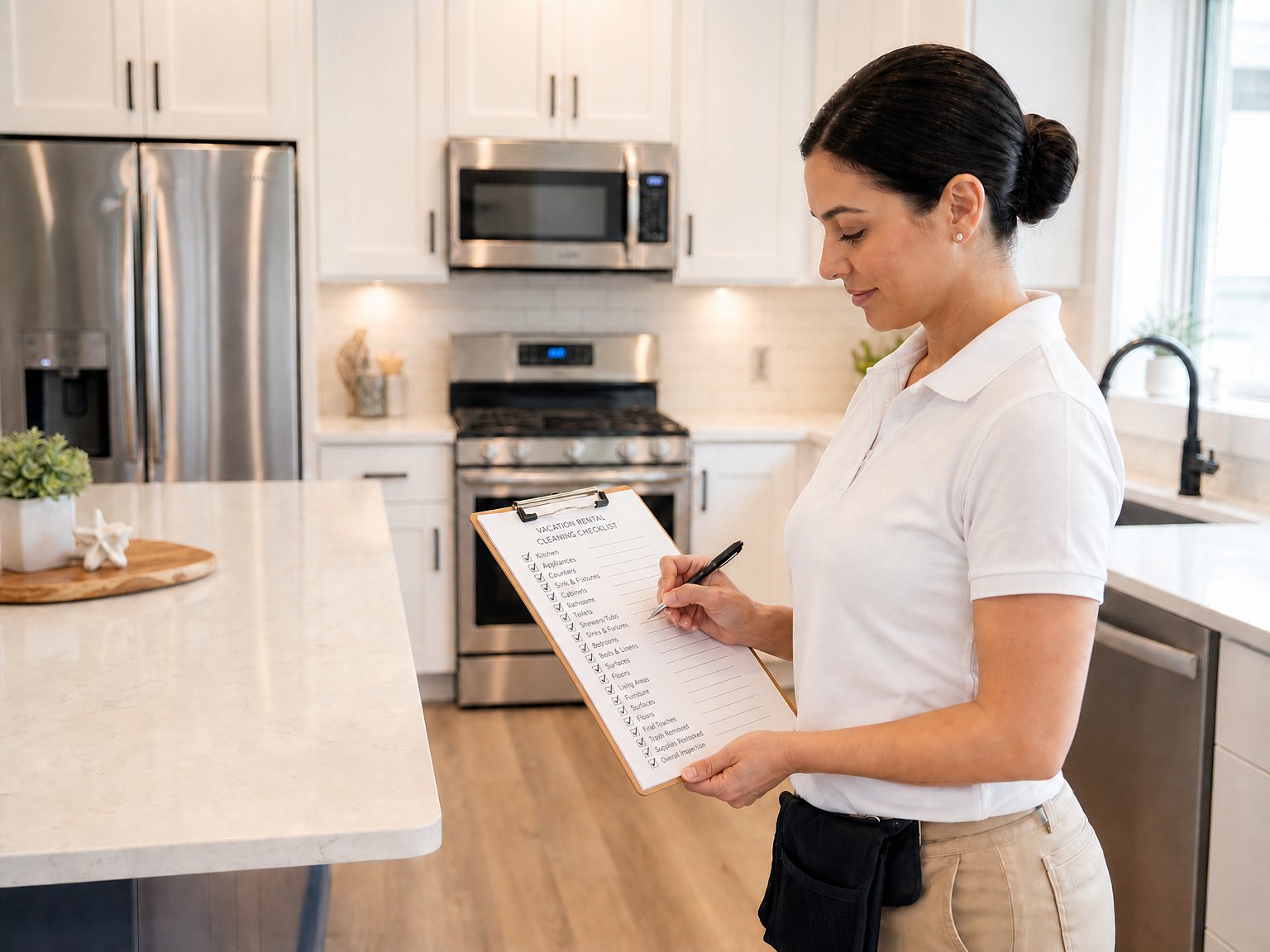 Professional cleaner completing a vacation rental inspection checklist in a spotless kitchen — the two-step clean-and-inspect process that eliminates guest complaints