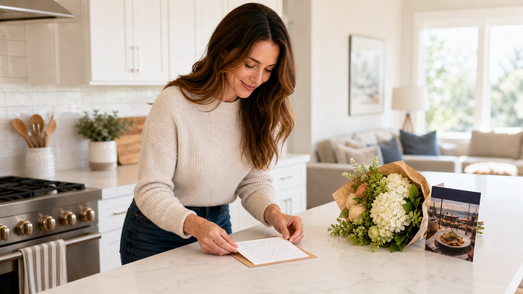 Guest reading a handwritten welcome note beside fresh flowers on a marble kitchen counter at a luxury vacation rental — book a fee-free stay on Houfy