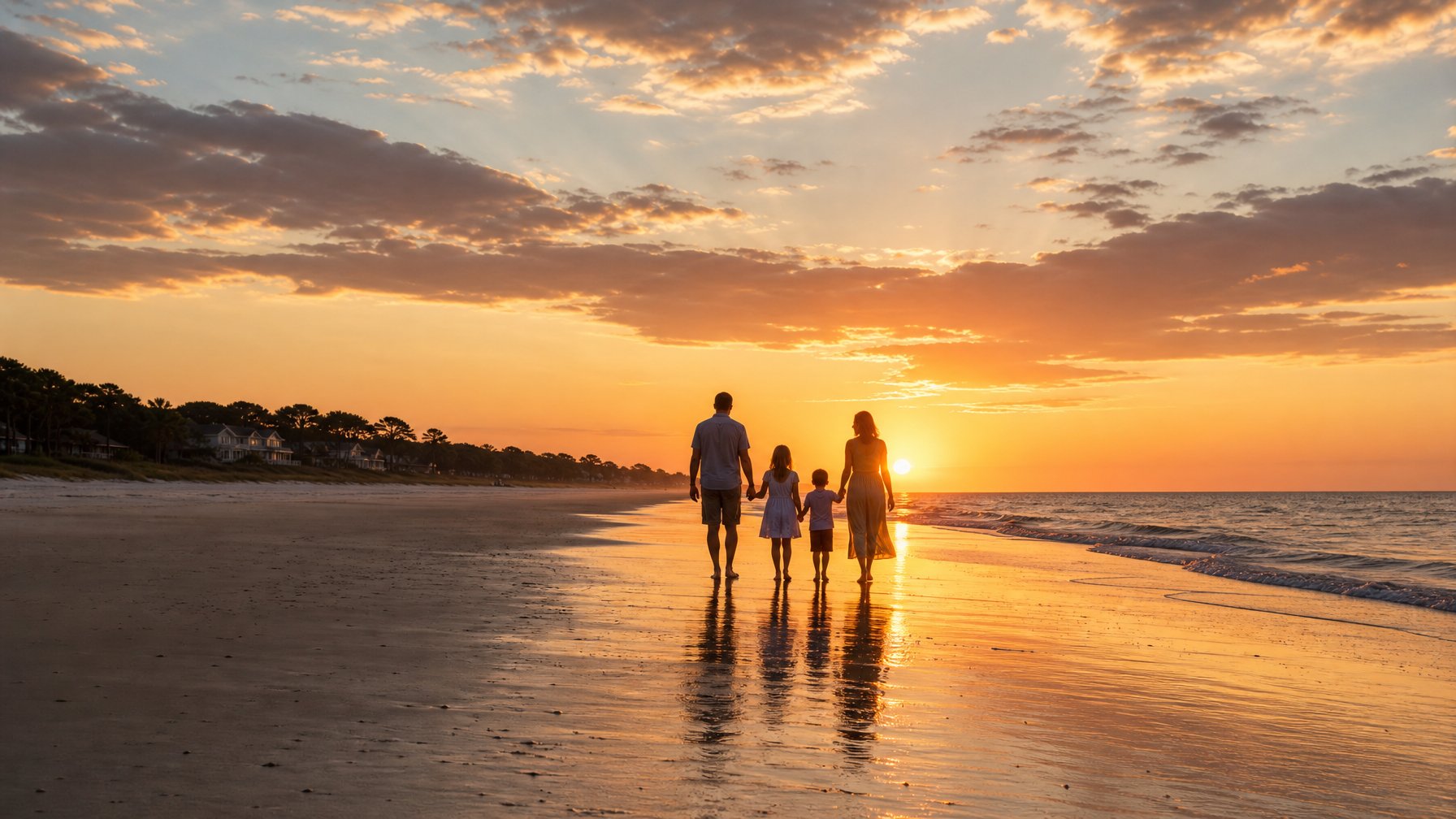 Family silhouette walking along the wide Atlantic beach at Hilton Head Island South Carolina at golden hour during a summer 2026 vacation rental stay