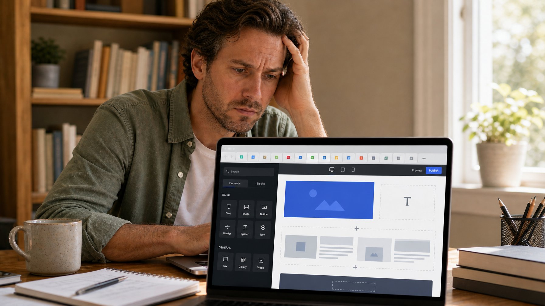 Host overwhelmed by multiple browser tabs while trying to set up a vacation rental booking website using a generic website builder