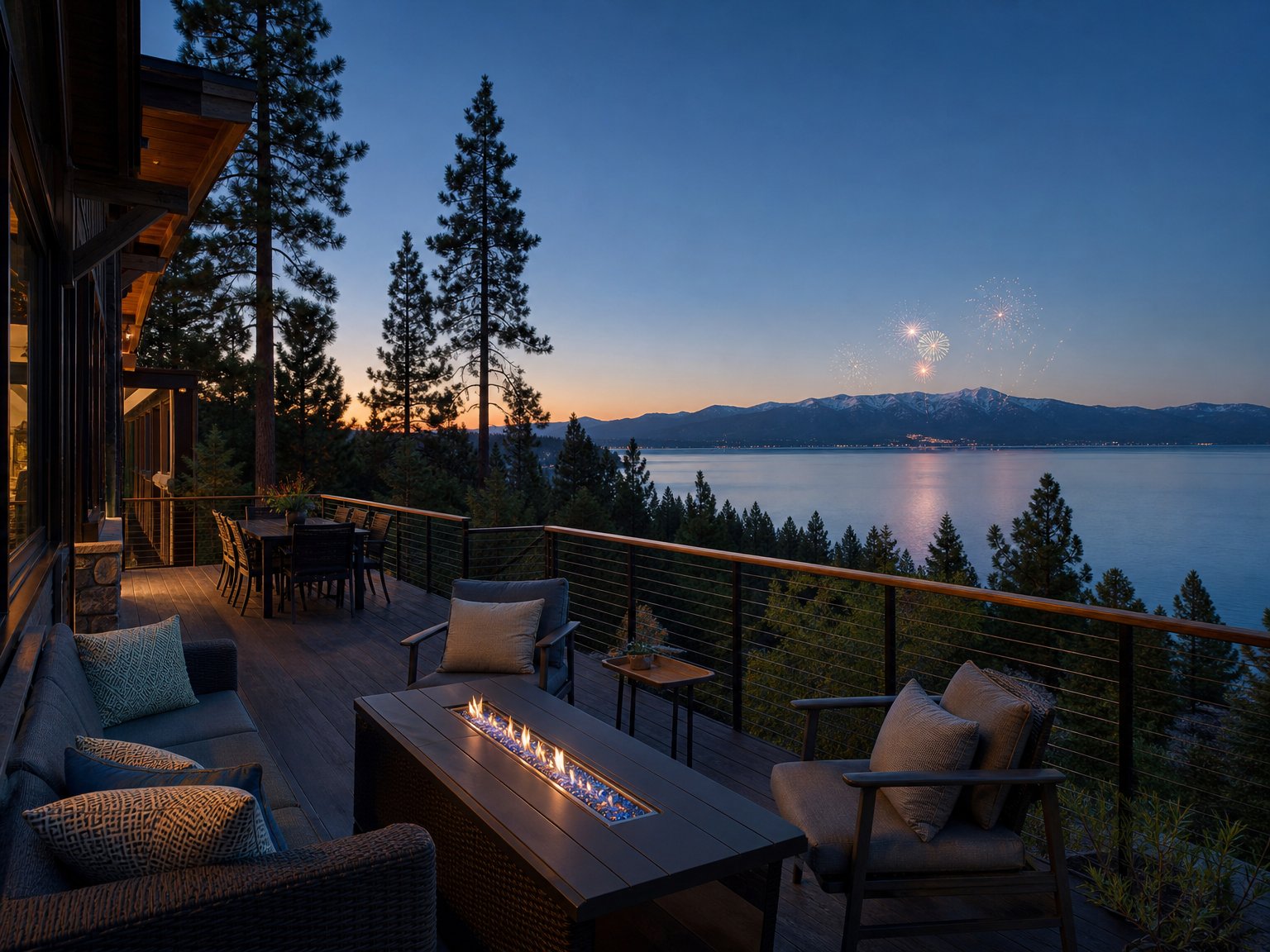 Lake Tahoe vacation rental deck with Sierra Nevada peaks and early fireworks over the water at twilight