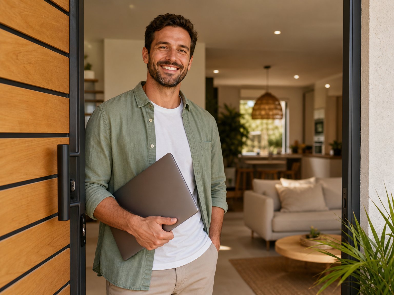Vacation rental host holding a laptop, representing direct booking control during World Cup Round of 16