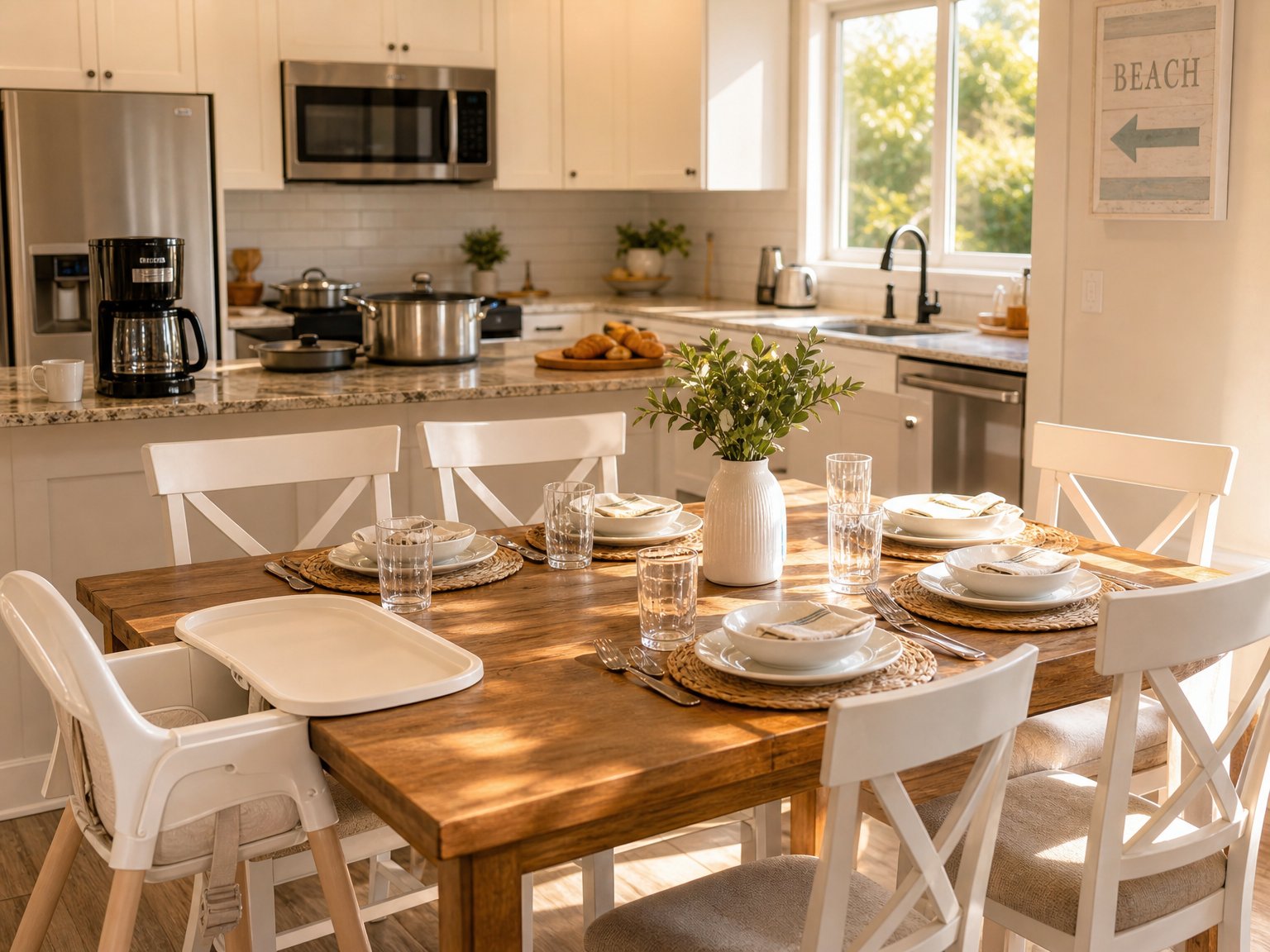 Kitchen in a family vacation rental set up for six guests with high chair and full place settings