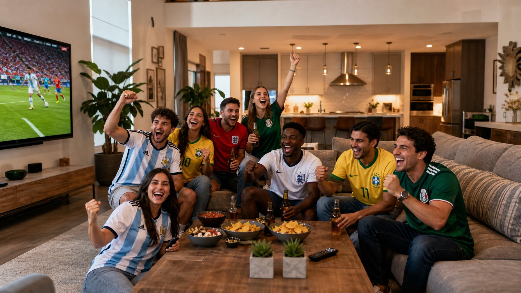 Diverse group of eight international soccer fans in national team jerseys celebrating together in a spacious, modern vacation rental living room while watching a World Cup match on a large TV