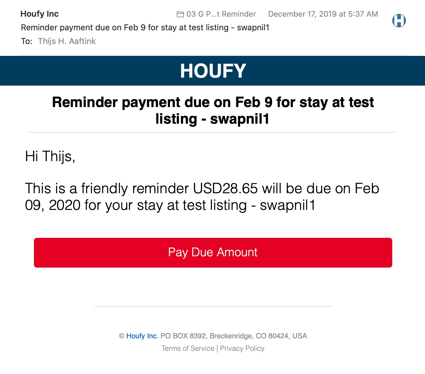 Does Houfy send payment reminders to my guest?