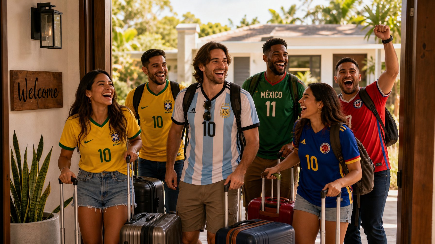 Group of Copa América 2026 fans arriving at vacation rental for semifinal trip with luggage — group booking direct sports travel vacation rental