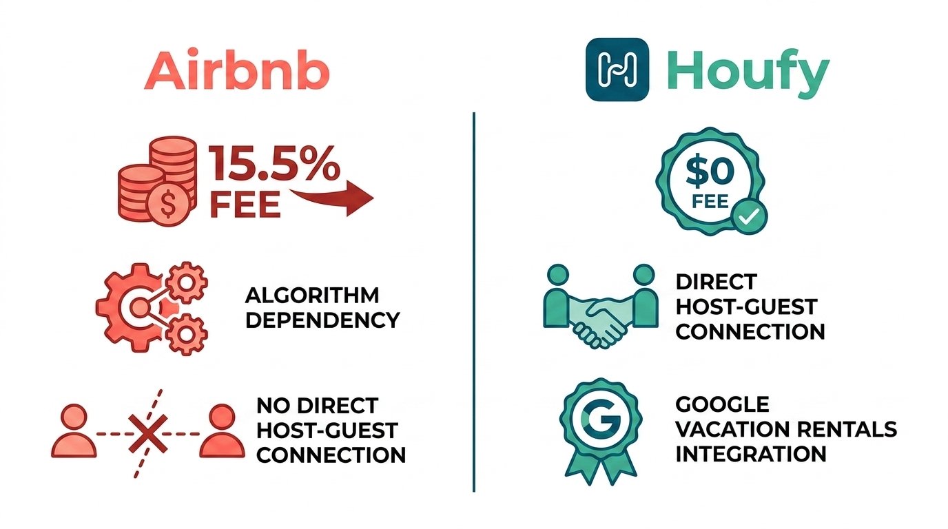 Fee comparison: Airbnb vs Houfy, 2026