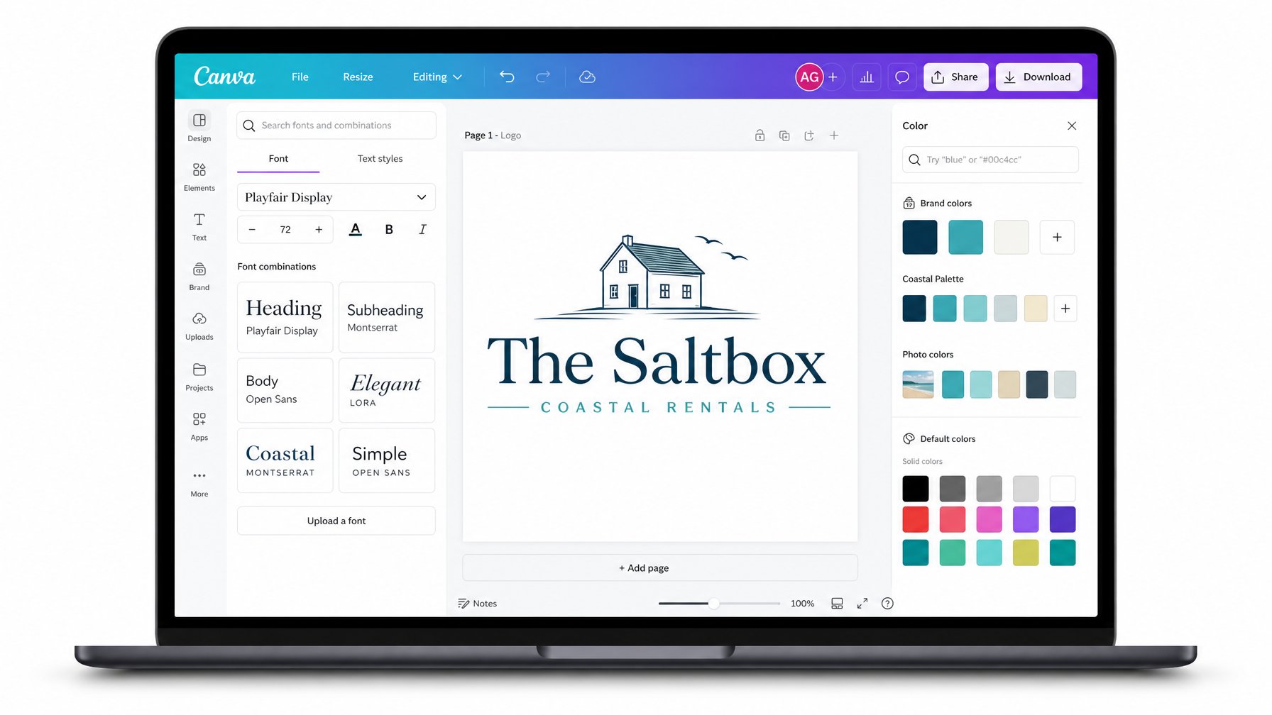 Canva workspace showing a vacation rental property logo being designed with wordmark and coastal icon for STR brand building
