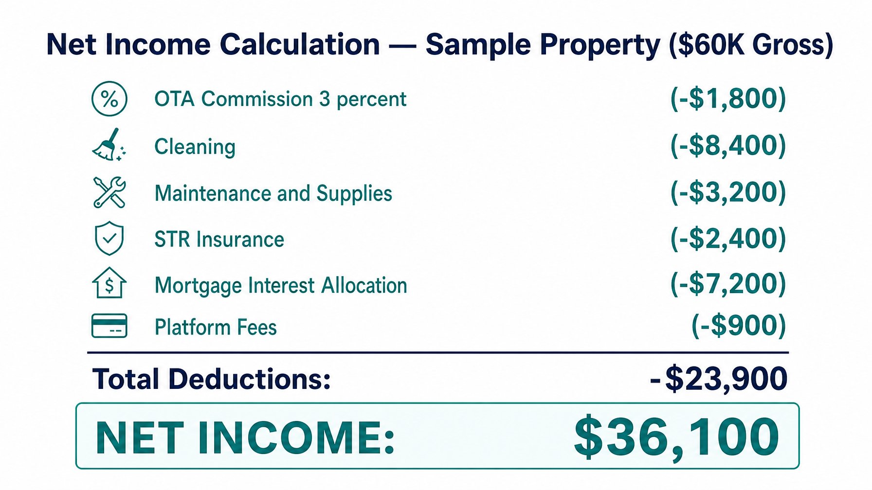 A vacation rental net income breakdown showing gross revenue minus all expenses including OTA commissions cleaning maintenance and insurance to calculate true earnings