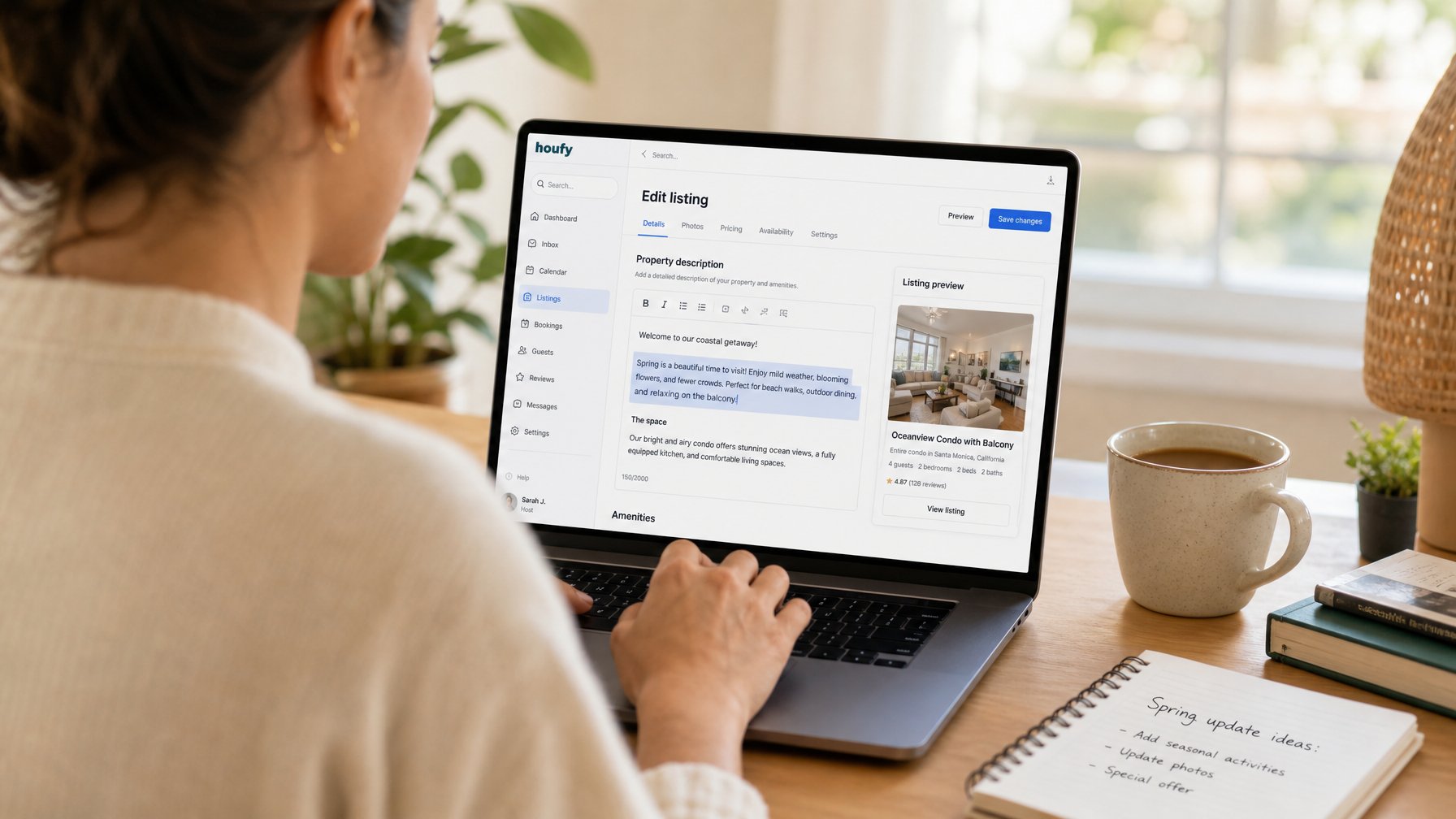 Host updating a vacation rental listing description on a laptop at a home office desk — demonstrating the seasonal listing optimization process for vacation rental description SEO