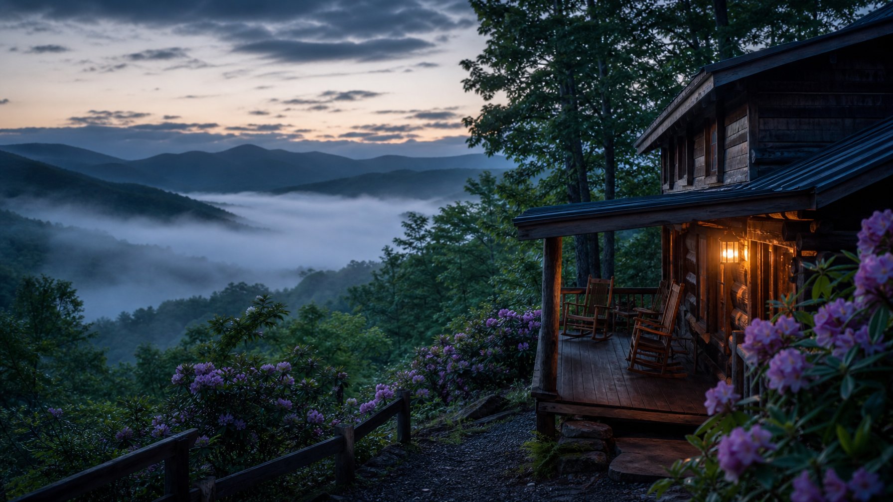 Remote Cosby Tennessee mountain cabin rental at dawn, misty valley below, mature hardwood forest, Great Smoky Mountains National Park eastern entrance