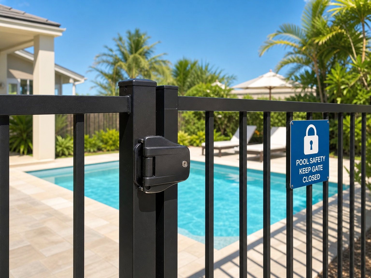 Fully fenced backyard pool with a self-latching safety gate at a family vacation rental