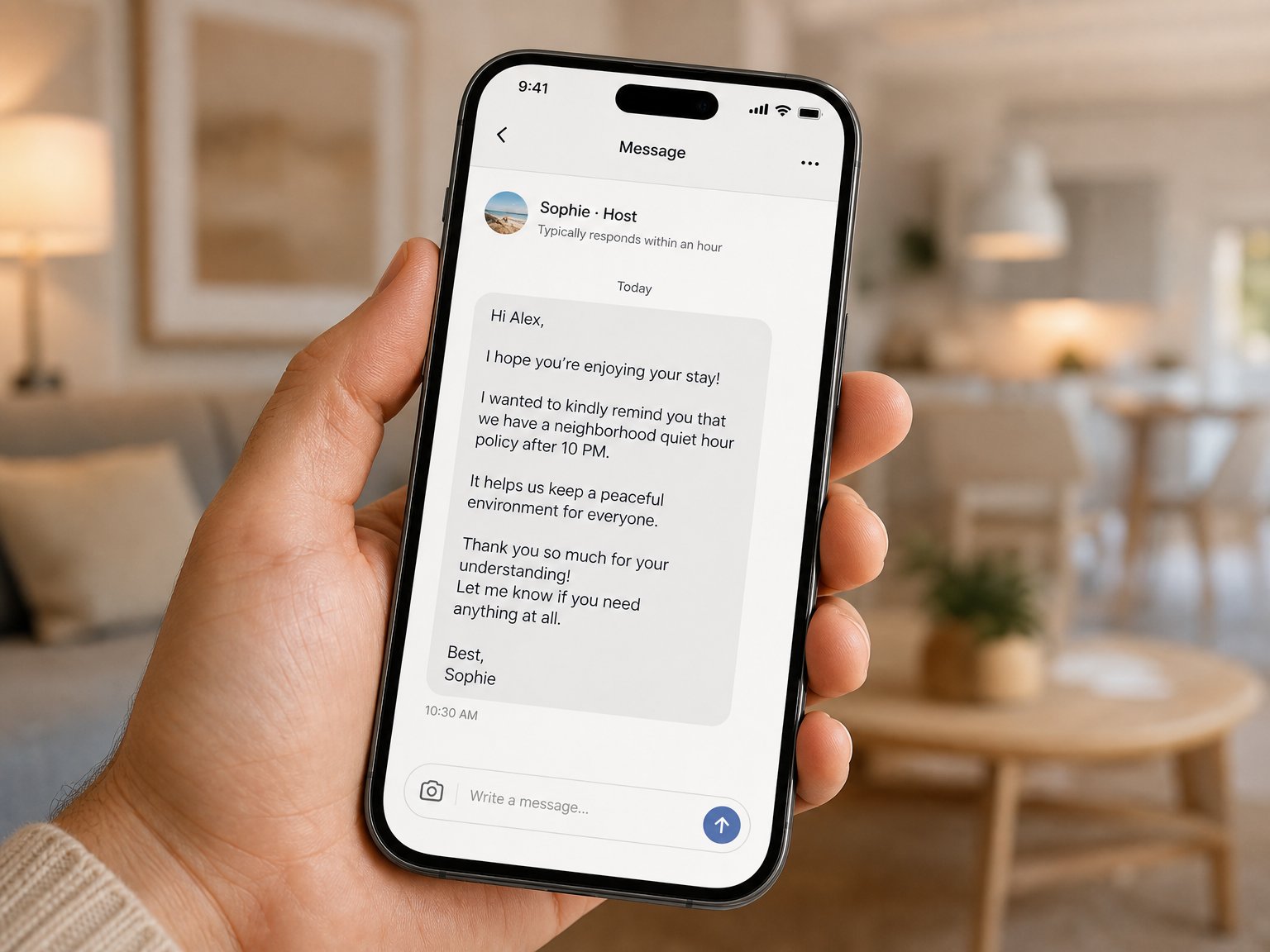 Host sending a professional noise complaint message to a vacation rental guest on a smartphone using a direct booking messaging platform