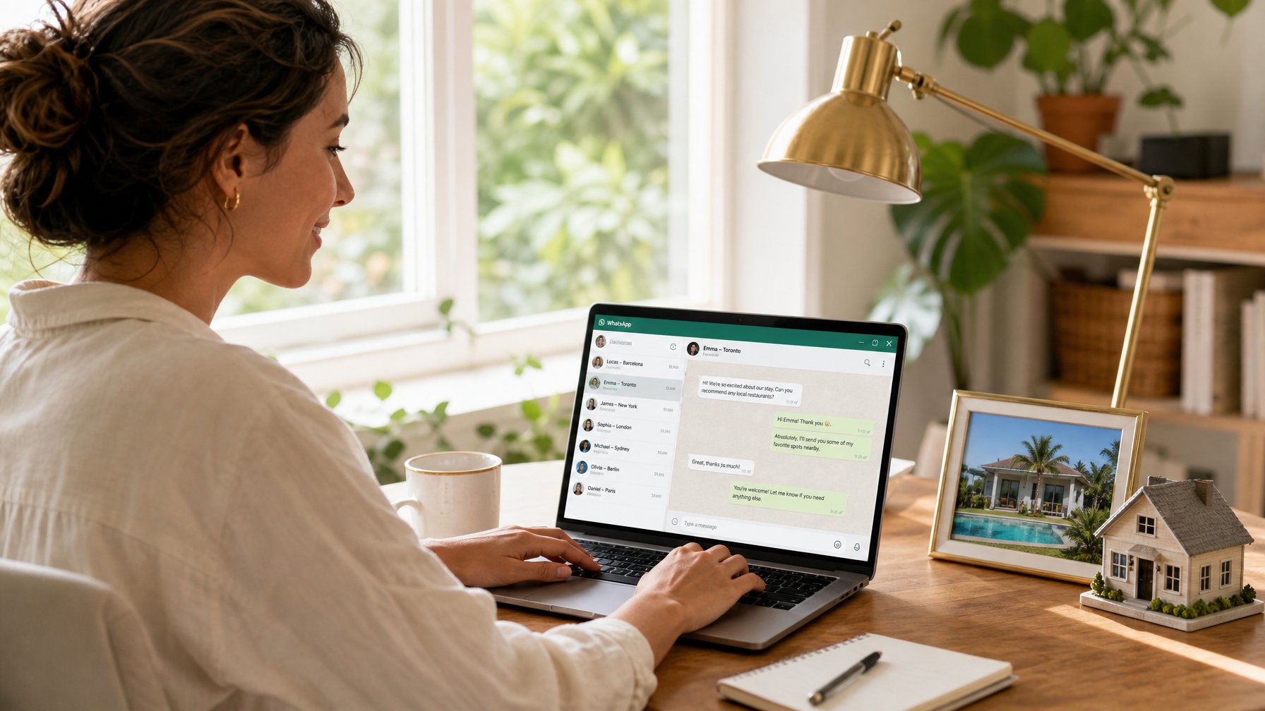 Vacation rental host managing guest conversations on WhatsApp Web via laptop in a bright home office, with multiple chat threads visible on screen