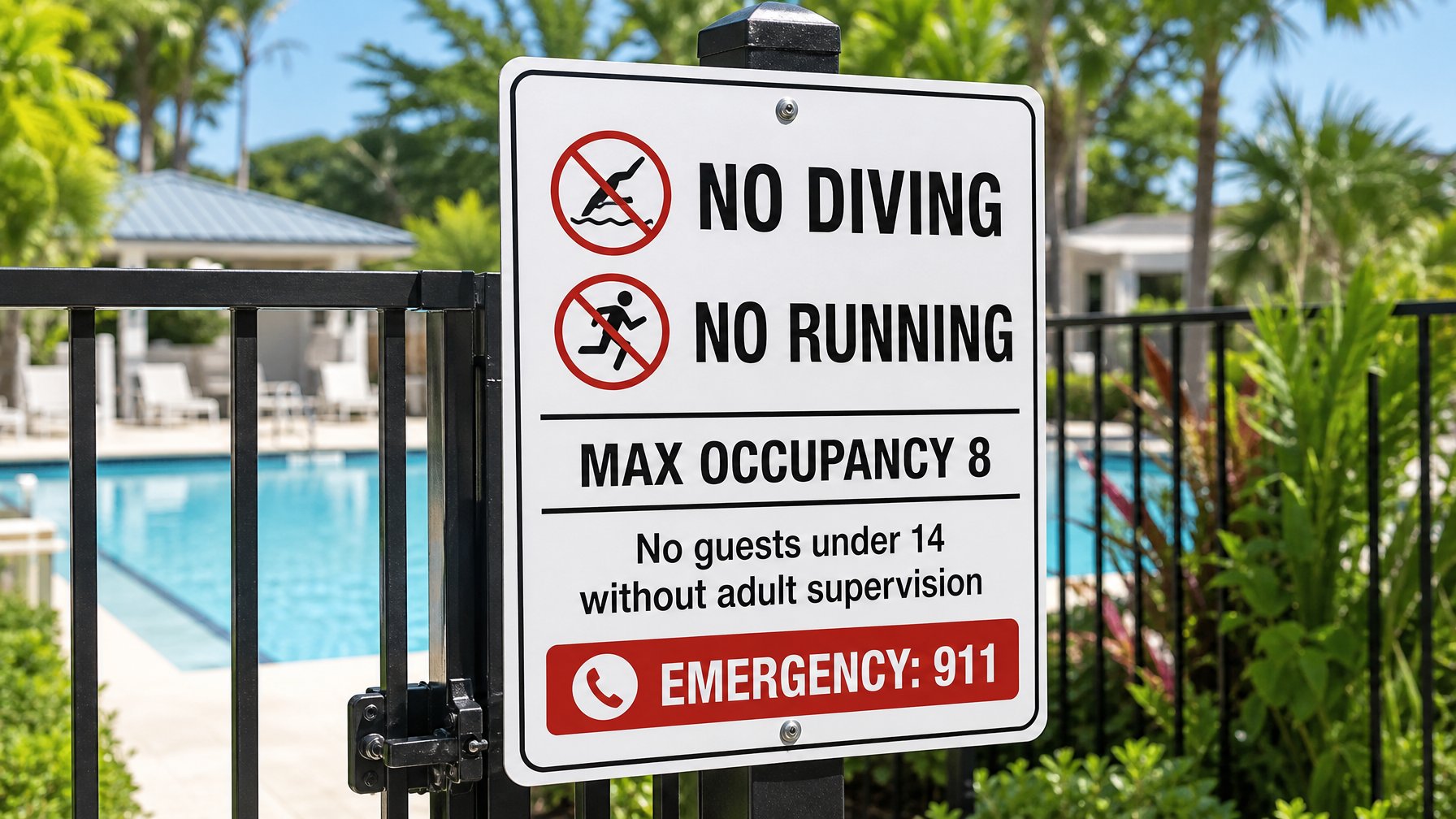 Pool rules sign mounted at a vacation rental pool gate reading No Diving, No Running, Max Occupancy, and emergency contact number