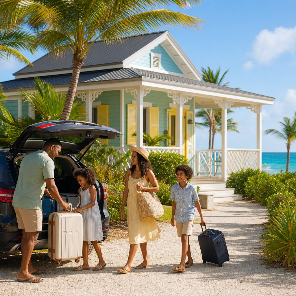 Family arriving at a Caribbean vacation rental cottage with turquoise ocean in the background, unloading luggage for a fee-free direct booking stay