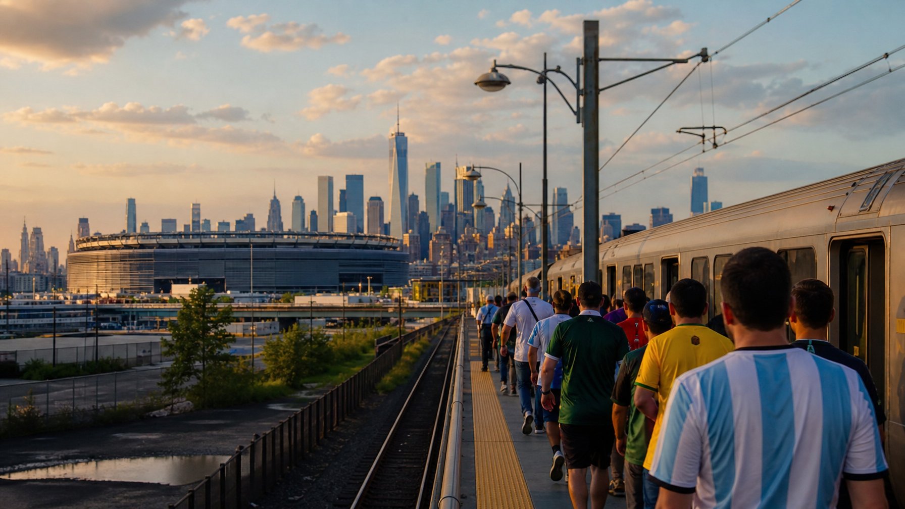 World Cup fans boarding a NJ Transit train at Meadowlands station with MetLife Stadium and Manhattan skyline visible at golden hour