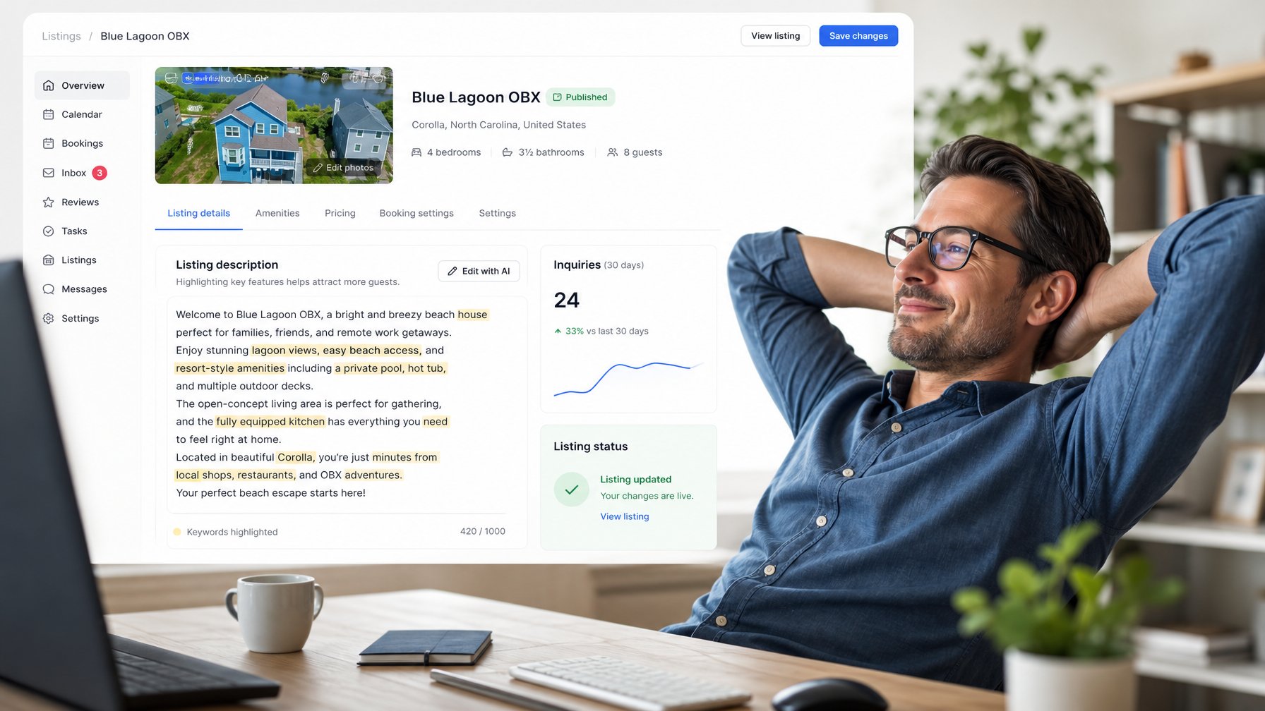 Host reviewing an updated vacation rental listing on Houfy with inquiry metrics visible on screen, showing the impact of an edited AI listing description
