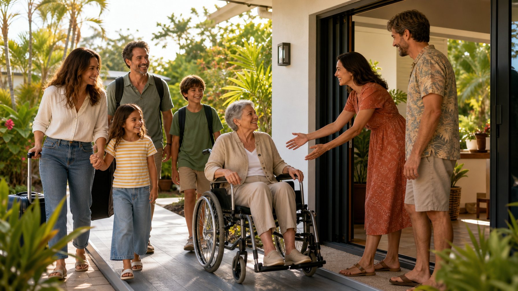 Multigenerational family including wheelchair user arriving at accessible vacation rental with step-free ramp entry