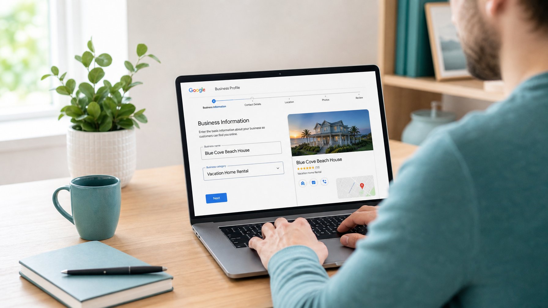 A vacation rental host setting up a Google Business Profile on a laptop, filling in the property name and Vacation Home Rental category on the registration form