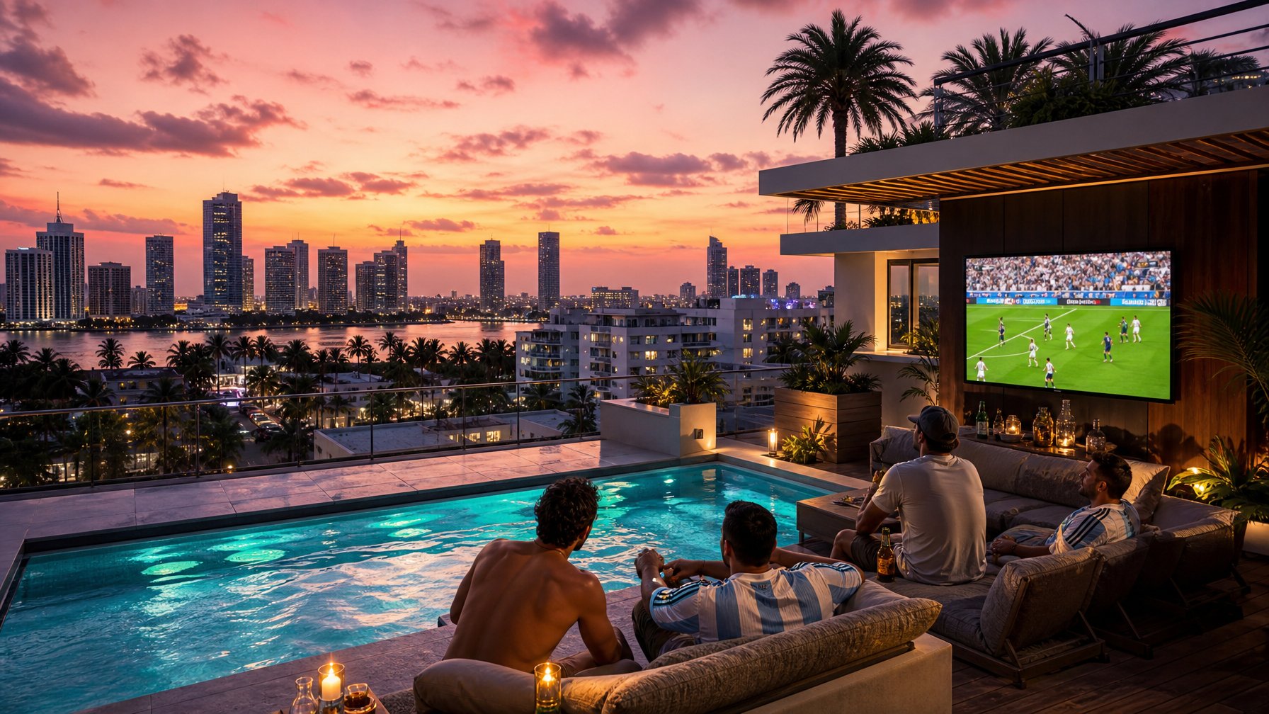 Luxury Miami vacation rental rooftop pool terrace with fans watching World Cup on outdoor screen at dusk, Miami skyline in background — premium STR demand during FIFA 2026