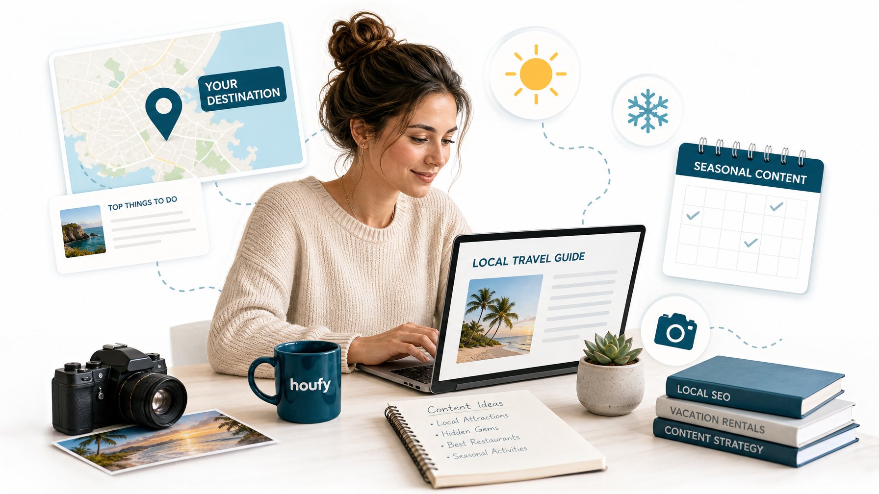 Vacation rental host writing local SEO content at a desk, surrounded by floating elements including a destination map, camera, seasonal travel icons, and a content calendar