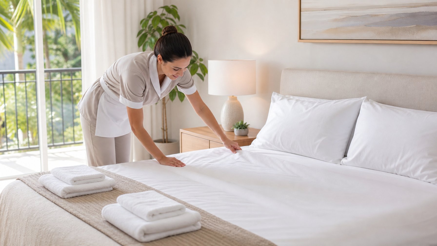 Professional cleaner making up a bed with fresh white linens in a vacation rental bedroom — vacation rental cleaning fee
