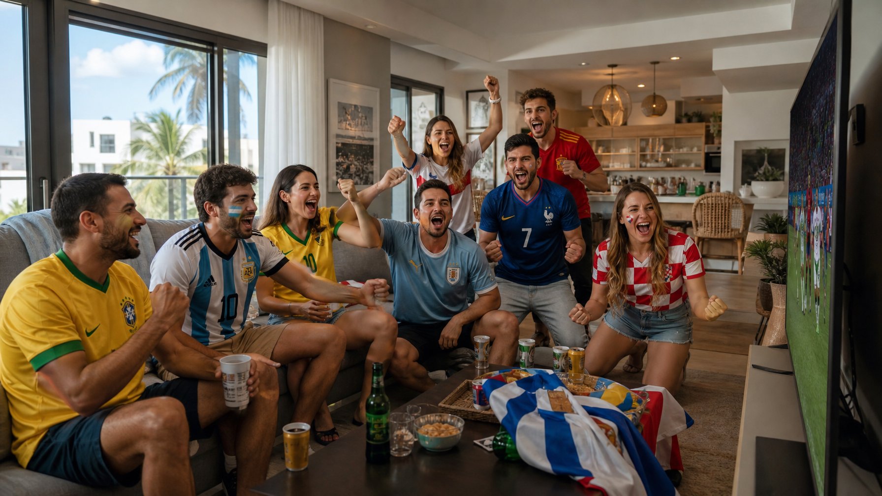 International soccer fans in World Cup jerseys celebrating a goal in a luxury vacation rental living room during FIFA World Cup 2026, showing the group booking demand driving premium STR pricing